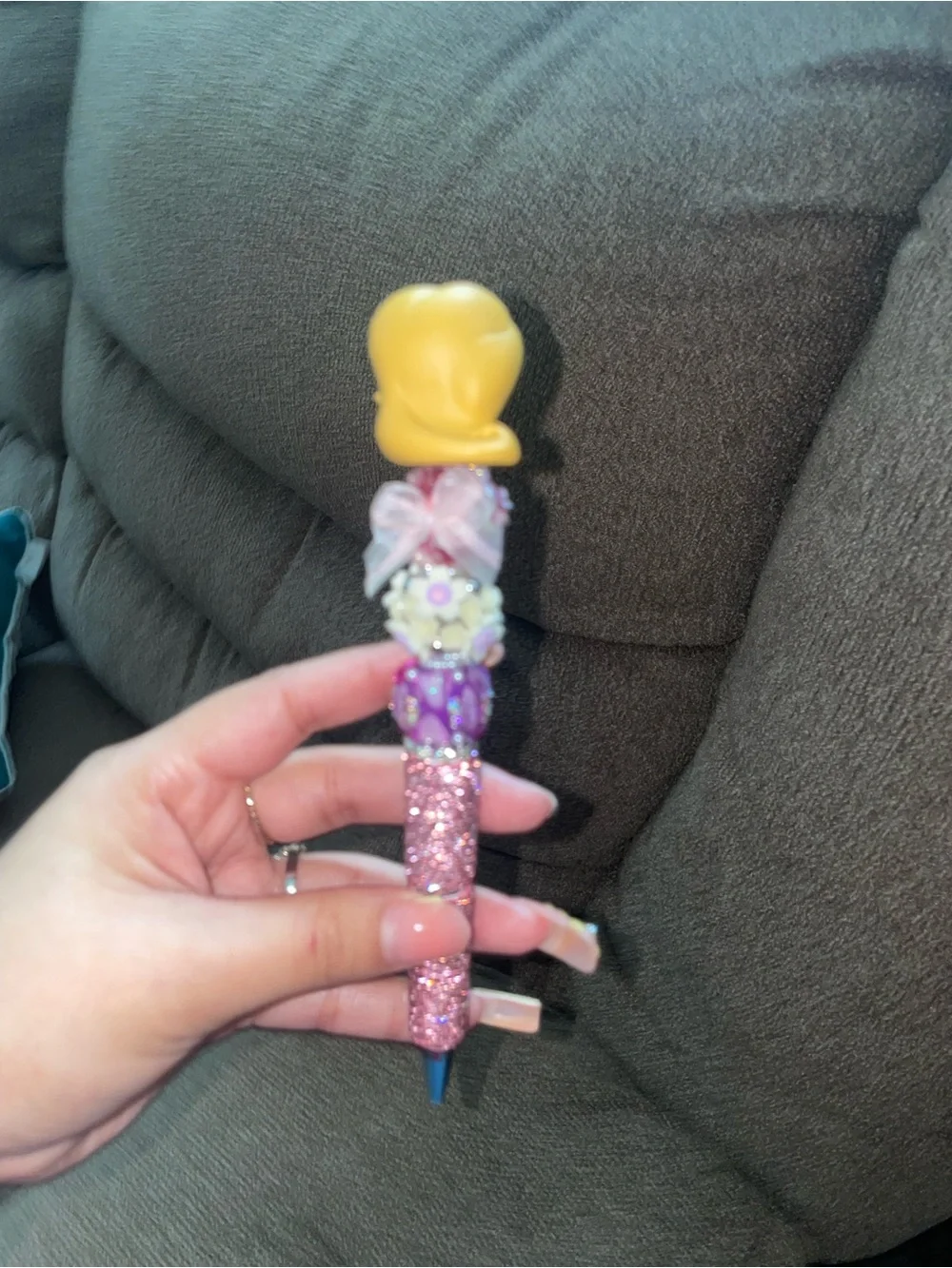 Rapunzel pen with pink glitter and purple floral embellishments #disney #glitter